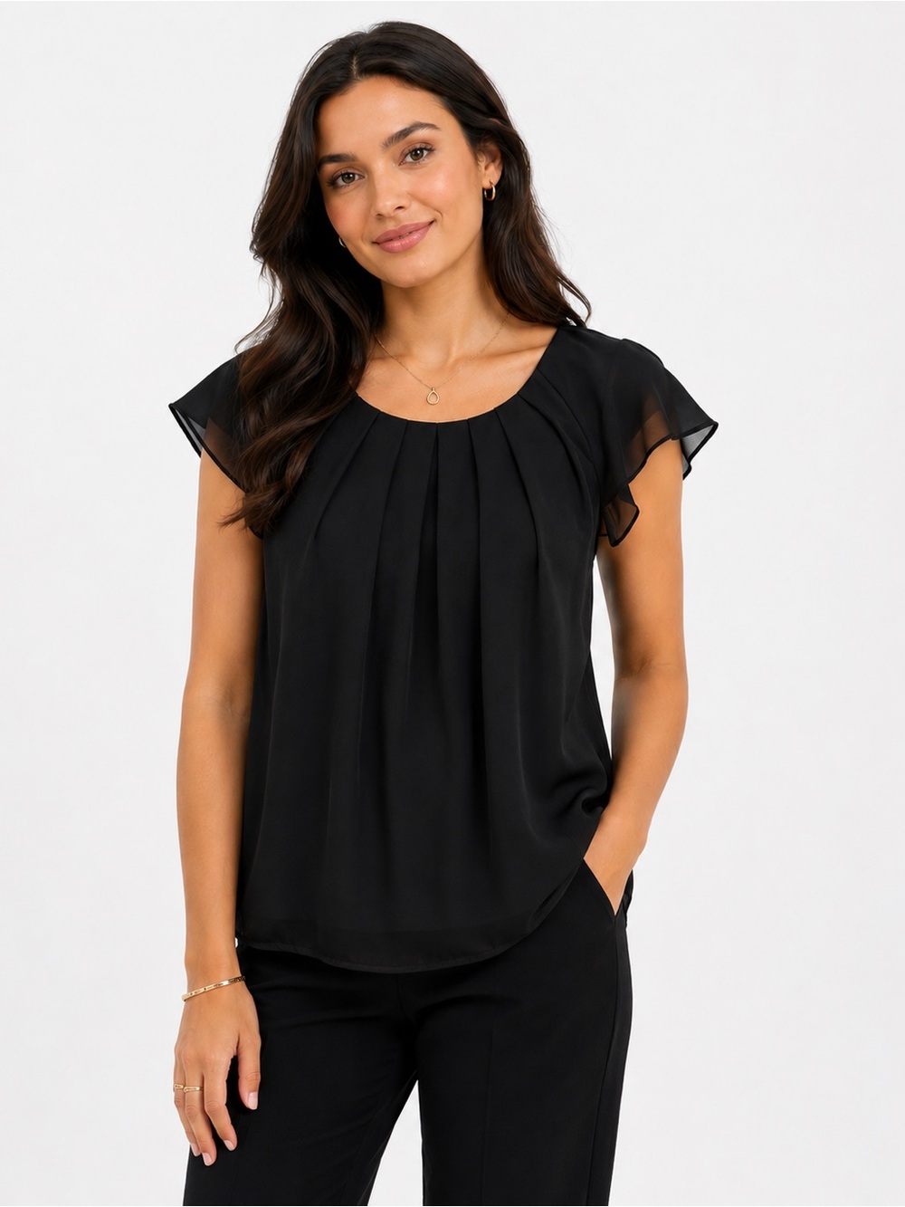 Violet & Claire Black Pleated Sheer Blouse Top XL Flowy Flutter Sleeve